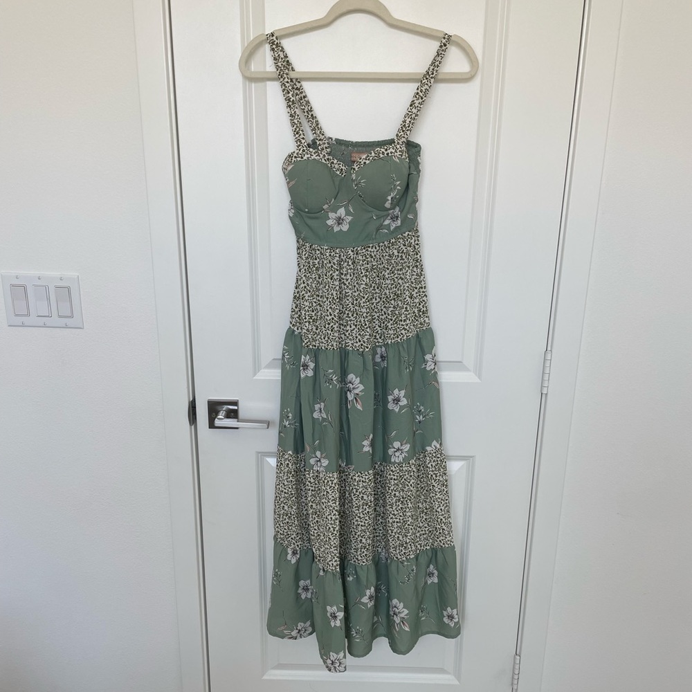 B.O.G. Collection Size XS Green and White Floral tiered Maxi Dress